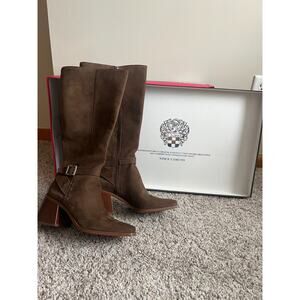New Vince Camuto Wide Calf Tall Boots Square Toe 9 Mink Suede Preppy Chunky Heel